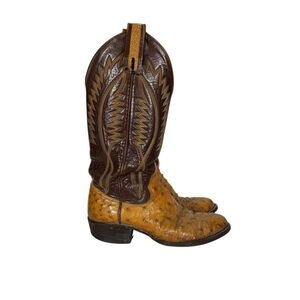 Handcrafted Sanders Full Quill Ostrich Two Tone Leather Cowboy Boots Men’s 7.5 D